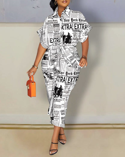 Printed Shirt Dress with Short Sleeves and Tie-Waist