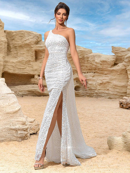Sequined Mermaid Gown with One-Shoulder, Open Back, and Train