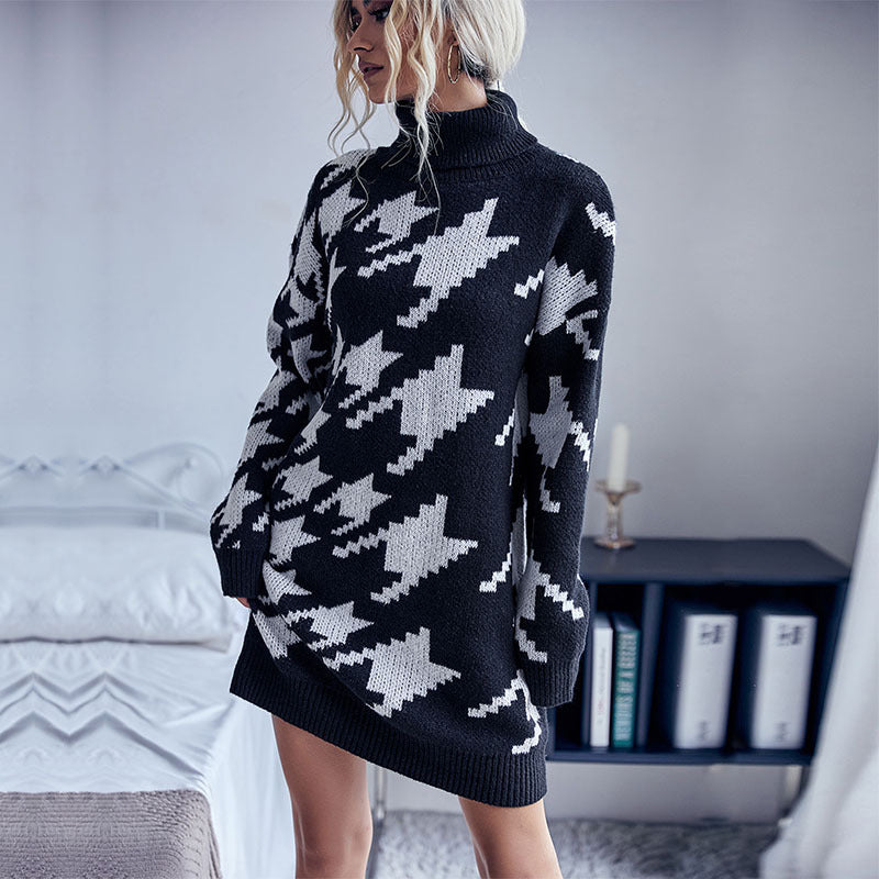 Houndstooth Knit Sweater Dress with High Collar and Long Sleeves
