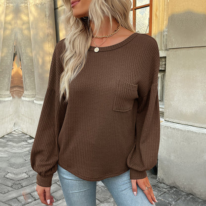 Waffle Knit Top with Lantern Sleeves and Strappy Back