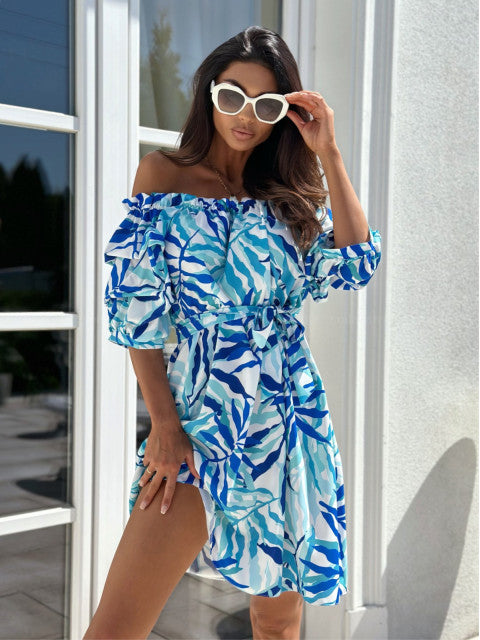 Floral Print Mini Dress with Off-Shoulder and Tie-Waist