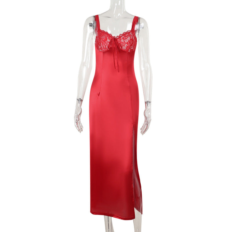 Elegant Satin Split Strap Long Dress Black