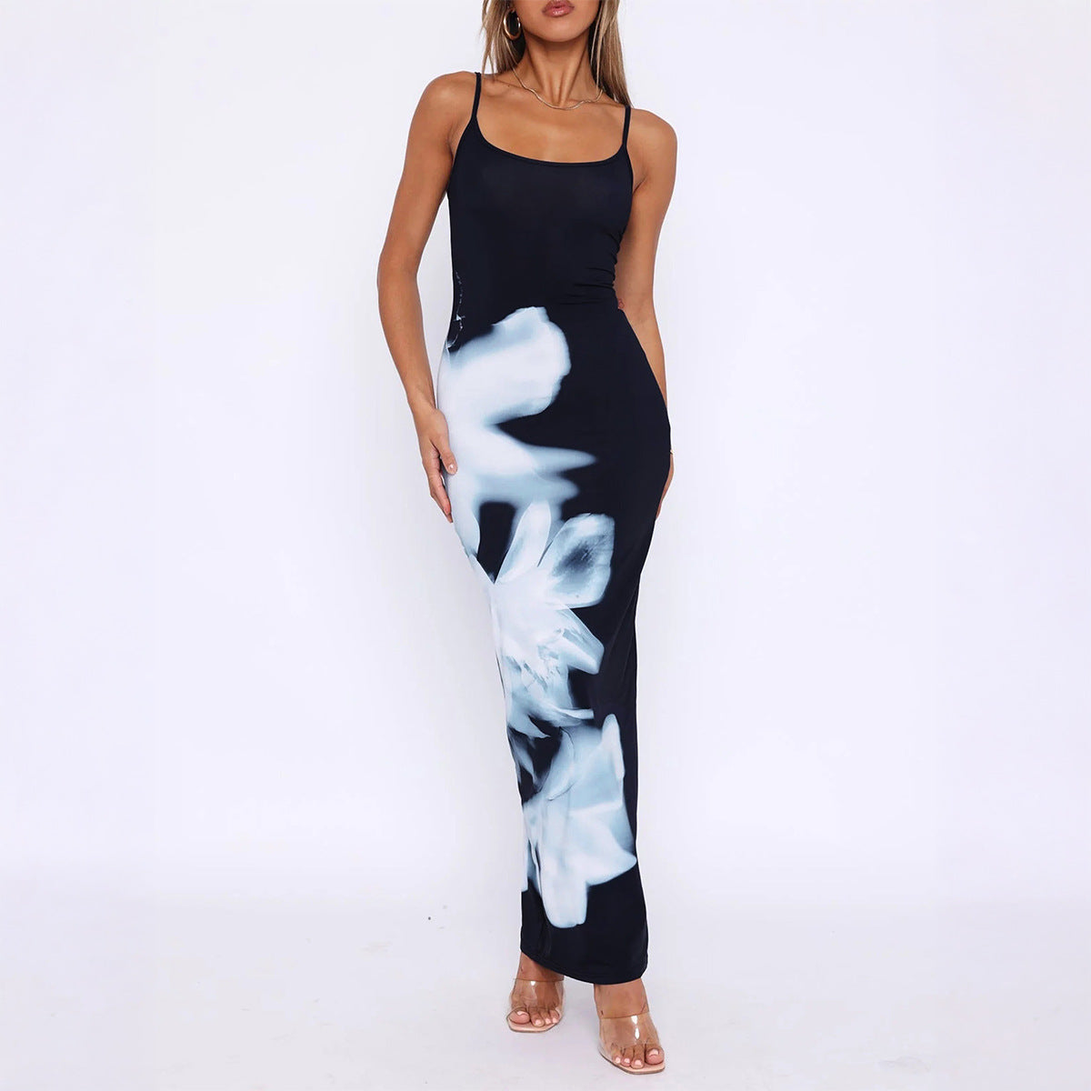 Floral Print Bodycon Maxi Dress with Spaghetti Straps