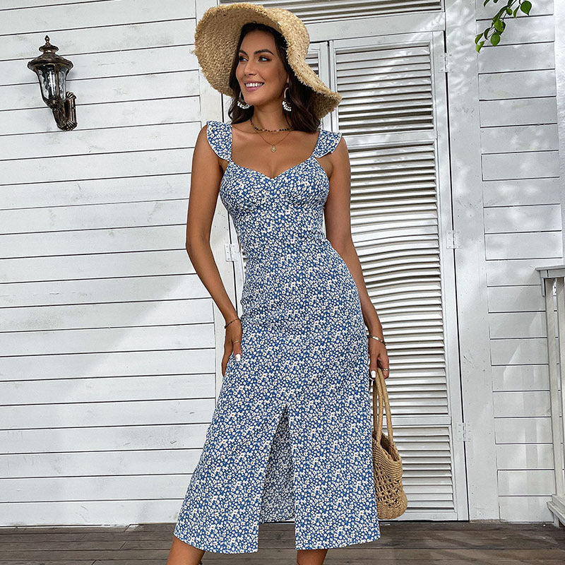Floral A-Line Midi Dress with Ruffle Straps and Front Slit