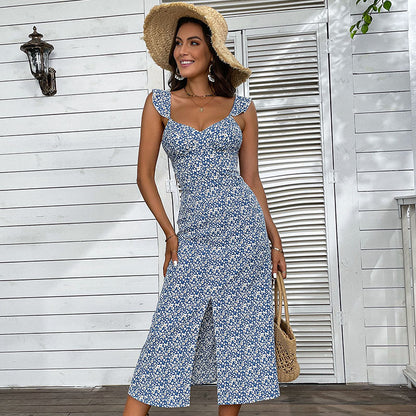 Floral A-Line Midi Dress with Ruffle Straps and Front Slit
