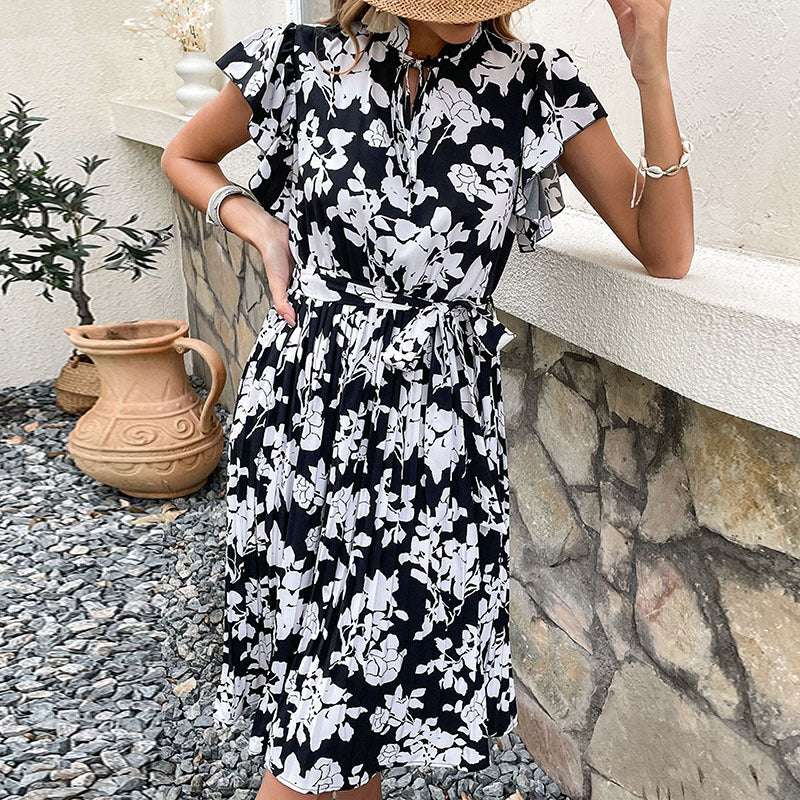 Floral A-Line Midi Dress with Flutter Sleeves and Tie Waist
