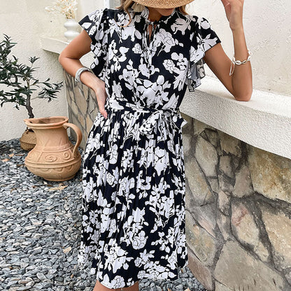 Floral A-Line Midi Dress with Flutter Sleeves and Tie Waist