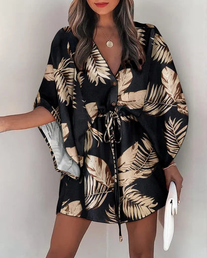 Printed Mini Dress with Bat Sleeves and Drawstring Waist