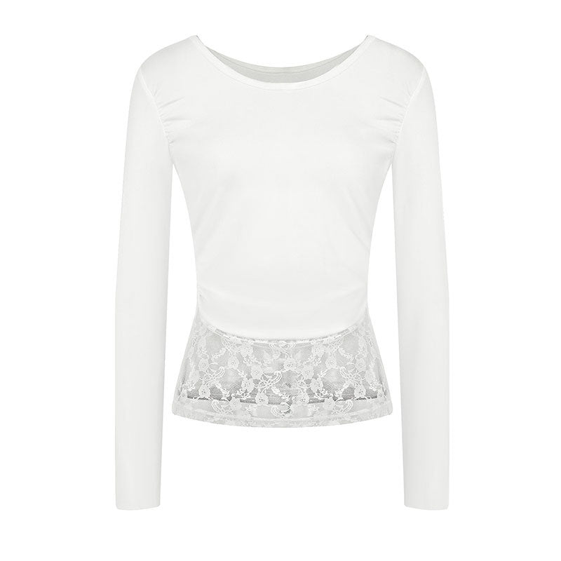 Bodycon Cropped Long Sleeve Top with U-Neck and Lace Trim