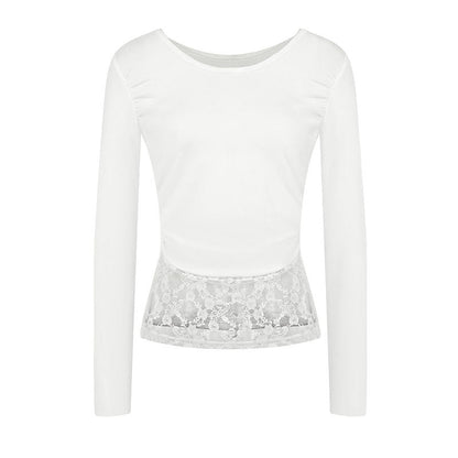 Bodycon Cropped Long Sleeve Top with U-Neck and Lace Trim