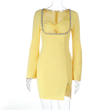 Bodycon Mini Dress with Square Neck and Rhinestone Trim