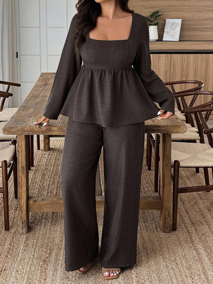 Peplum Pants Set with Square Neck and Wide-Leg Trousers
