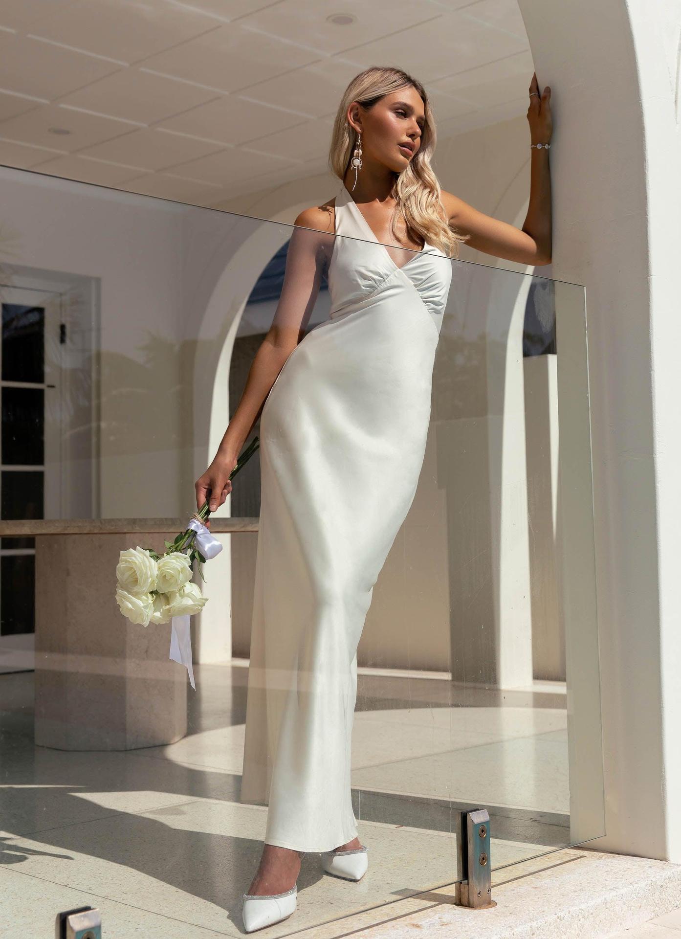 Satin Halter Maxi Dress with V-Neck and Ruched Detail