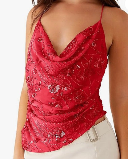 Sequined Cowl Neck Cami with Floral Embroidery