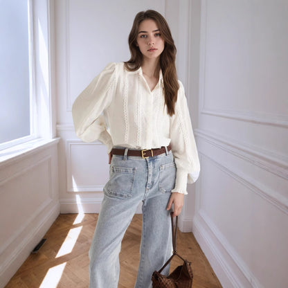 Solid Blouse with Lantern Sleeves and Lace Trim