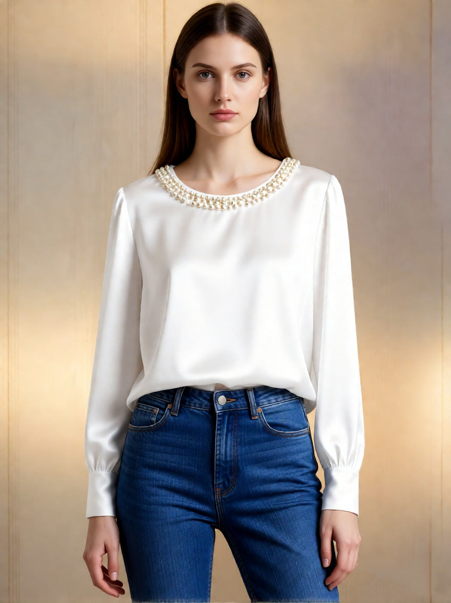 Satin Blouse with Pearl Embellished Crew Neck