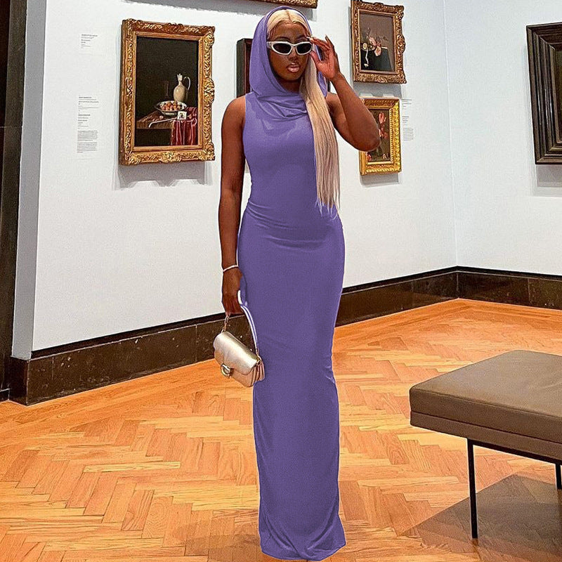 Hooded Sleeveless Bodycon Maxi Dress with Side Slit