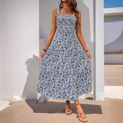 Floral Print A-Line Maxi Dress with Smocked Bodice