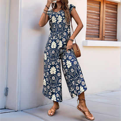 Retro Floral Print Jumpsuit with Wide Legs and Cap Sleeves