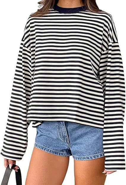 Oversized Striped Long Sleeve T-Shirt with Round Neck
