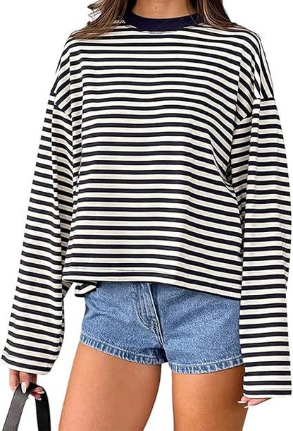Oversized Striped Long Sleeve T-Shirt with Round Neck