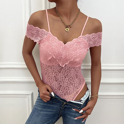 Bodycon Lace Bodysuit with Off-Shoulder Design and V-Neck