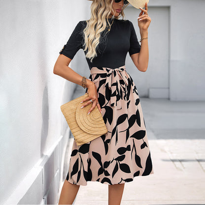 A-Line Midi Dress with Spliced Leaf Print and Half-Turtleneck