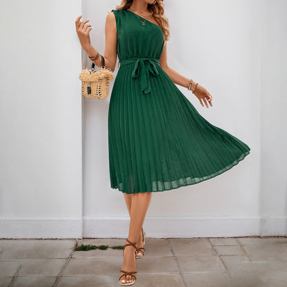 Solid One-Shoulder Midi Dress with Pleated Asymmetrical Hem