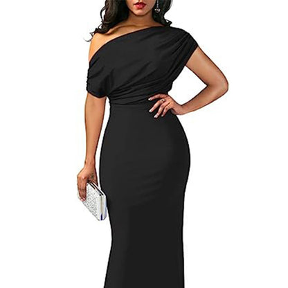 Sheath Maxi Dress with Asymmetric Draped Shoulder