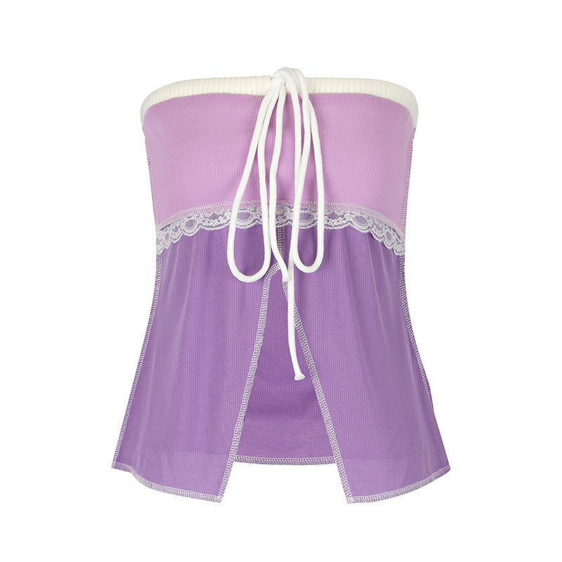 Ribbed Color-Block Tube Top with Front Tie and Split Hem