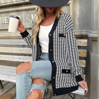 Houndstooth Loose Cardigan with Button Front
