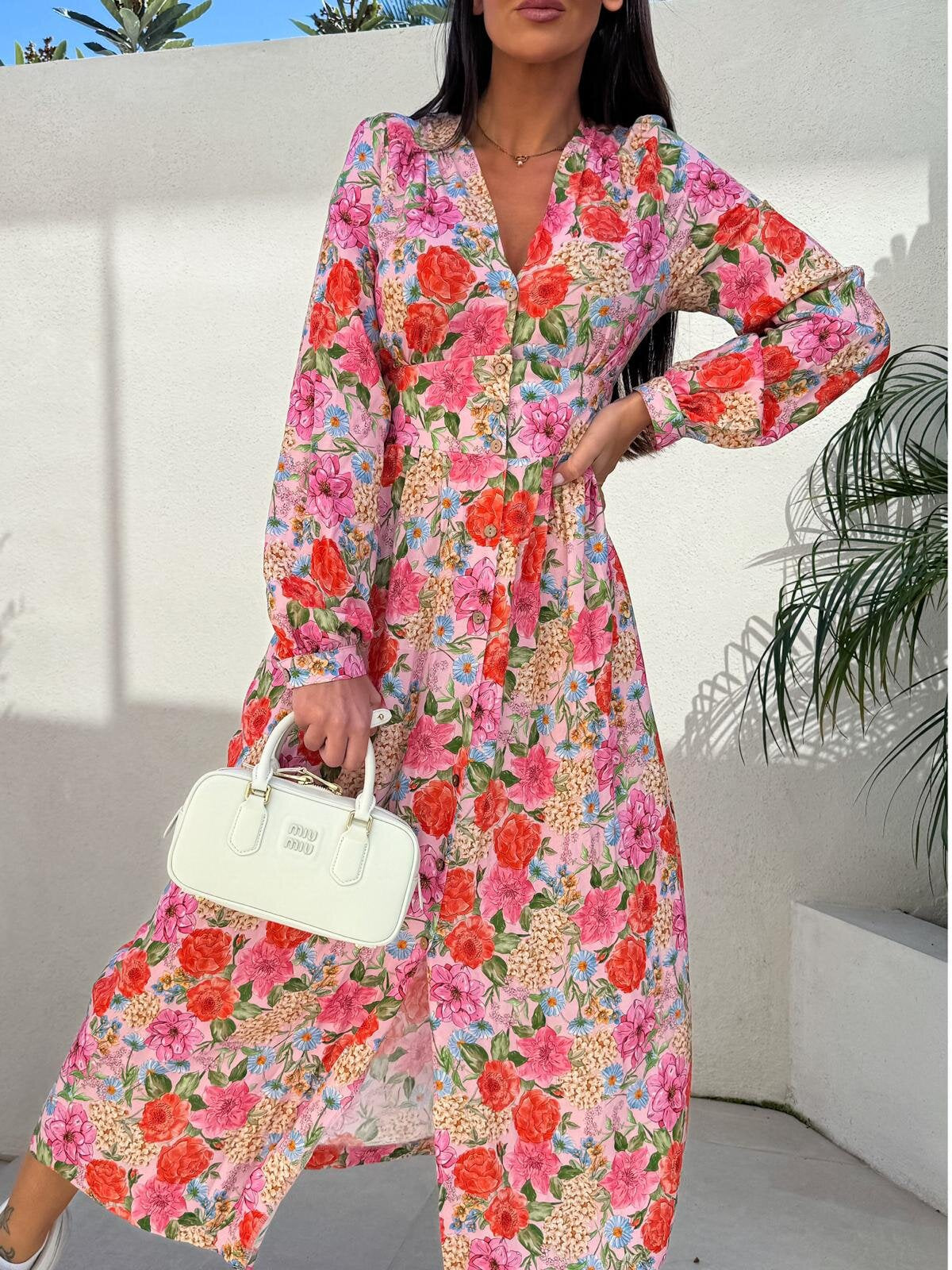 A-Line Floral Print Maxi Dress with V-Neck and Button Front