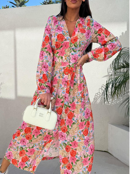 A-Line Floral Print Maxi Dress with V-Neck and Button Front