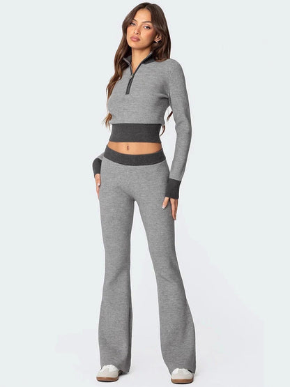 Ribbed Color-Block Flared Pants with Contrast Waistband
