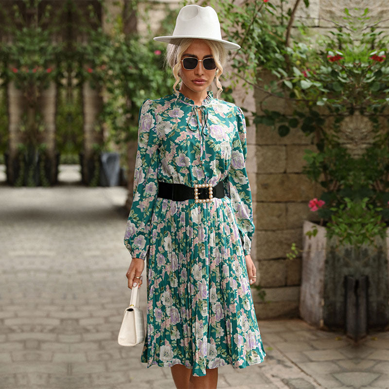 Floral Print Pleated Midi Dress with Ruffled Tie Neck