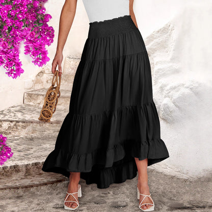 Solid Tiered Maxi Skirt with Shirred Waist and Ruffled High-Low Hem