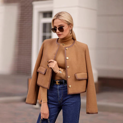 Cropped Jacket with Contrast Trim and Gold Buttons