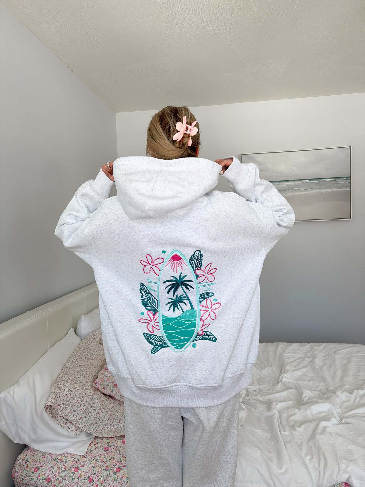 Oversized Surfboard Print Hoodie with Raglan Sleeves