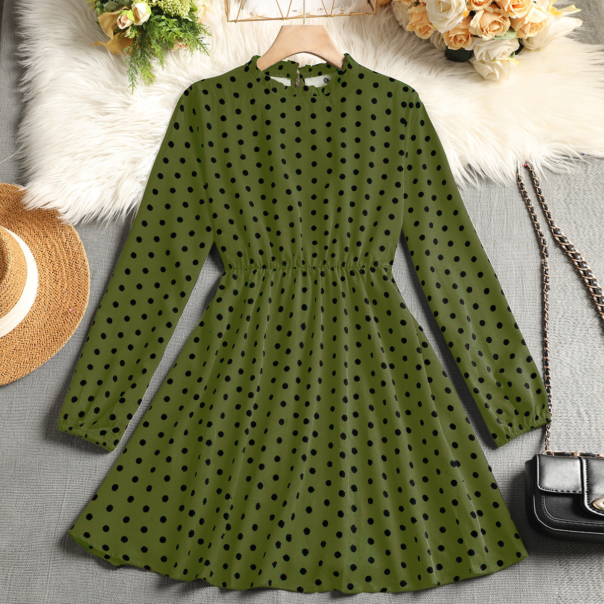 Polka Dot A-Line Dress with Ruffled Mock Neck and Long Sleeves