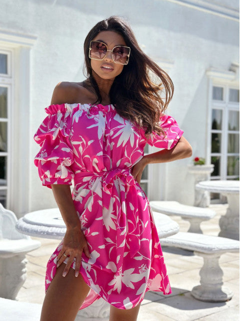 Floral Print Mini Dress with Off-Shoulder and Tie-Waist