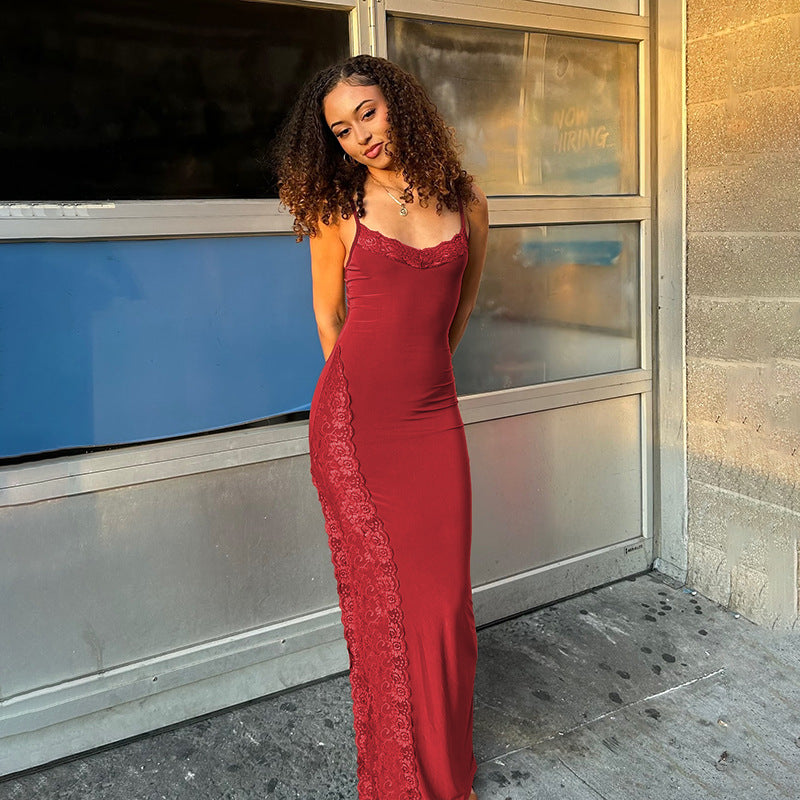 Bodycon Maxi Dress with Lace Trim and High Slit
