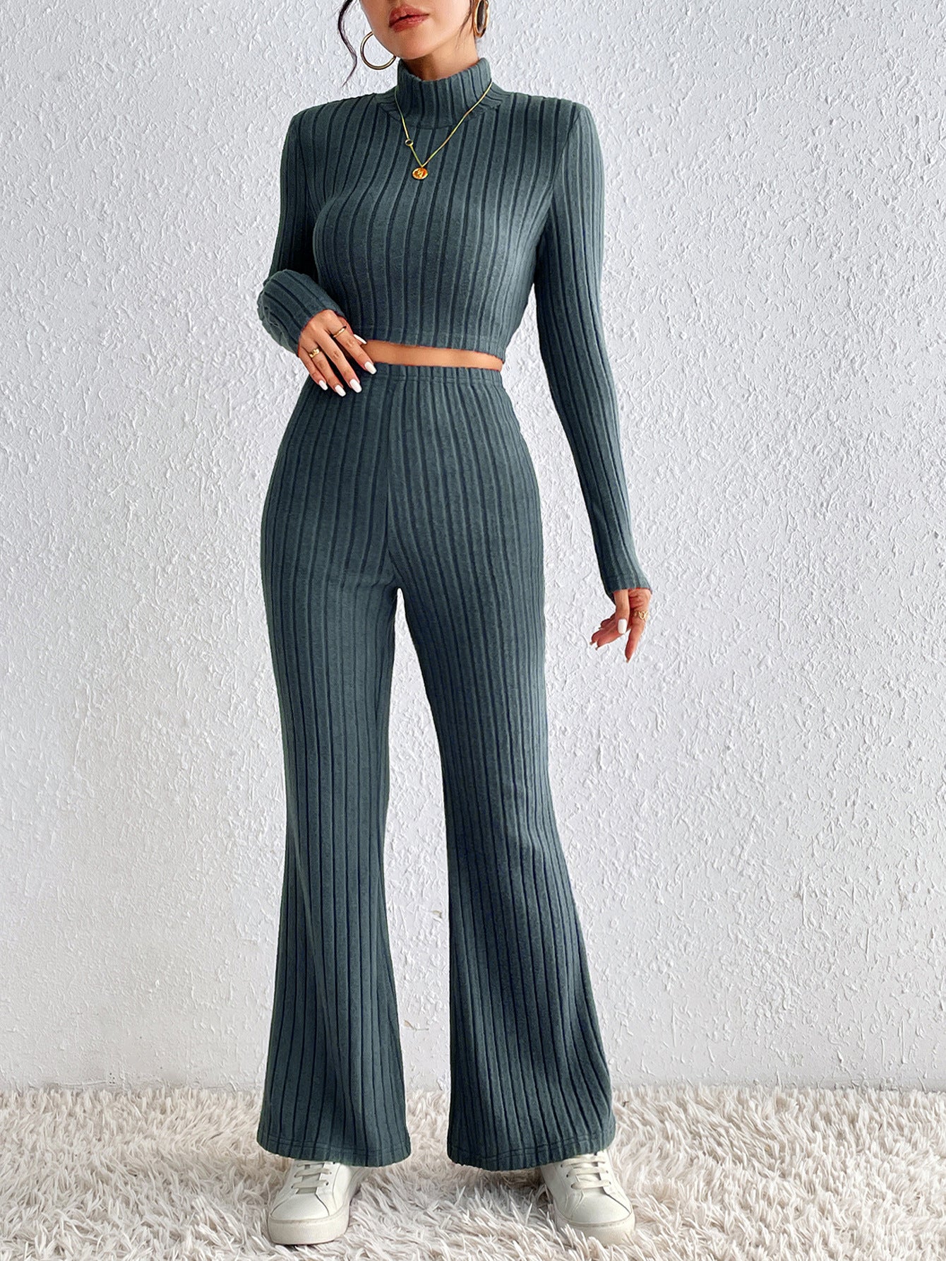 Ribbed Knit Two-Piece Set with Turtleneck and Wide-Leg Pants
