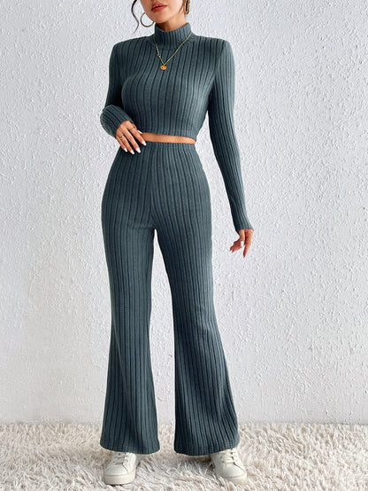 Ribbed Knit Two-Piece Set with Turtleneck and Wide-Leg Pants