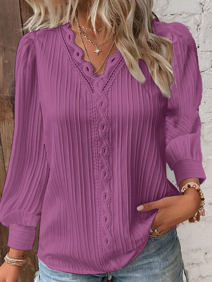 Long-Sleeve Pleated Blouse with V-Neck and Lace Trim