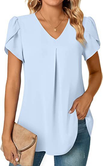 Solid V-Neck Blouse with Petal Sleeves and Pleated Front