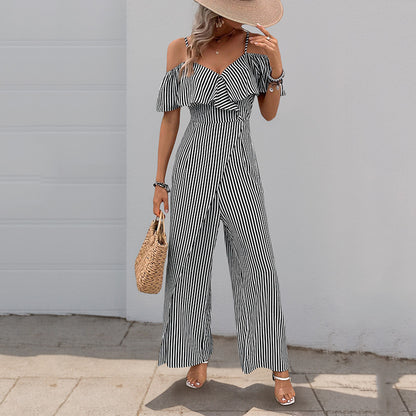 Wide-Leg Striped Jumpsuit with Off-Shoulder Ruffle