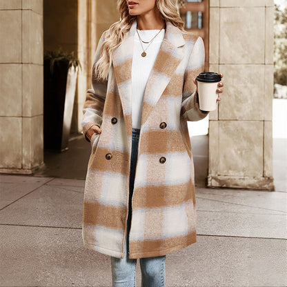Plaid Mid-Length Coat with Double-Breasted Suit Collar