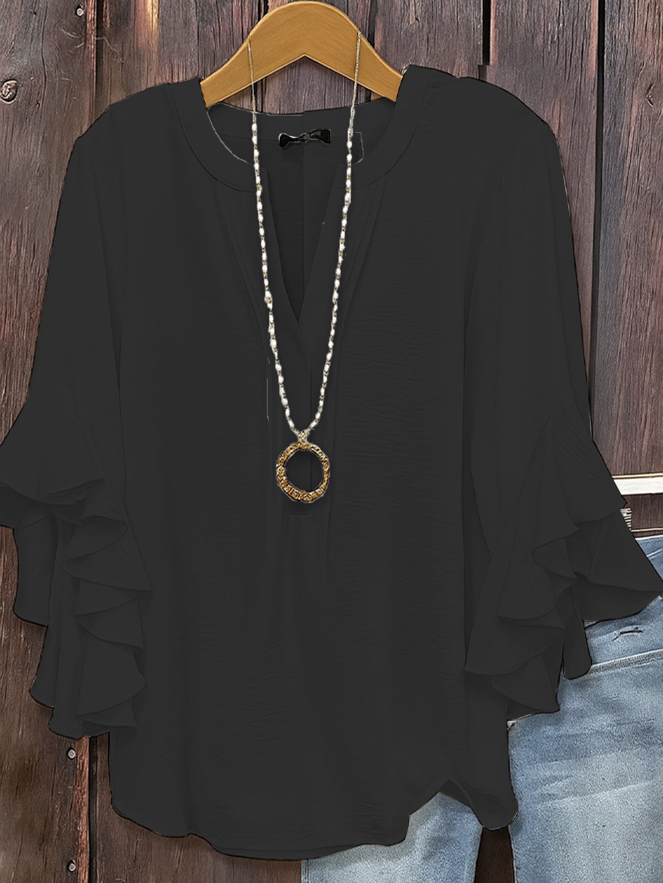 Solid V-Neck Top with Three-Quarter Tiered Ruffle Sleeves