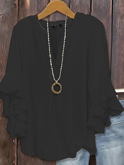 Solid V-Neck Top with Three-Quarter Tiered Ruffle Sleeves