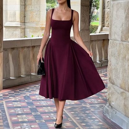 A-Line Midi Dress with Square Neckline and Wide Straps